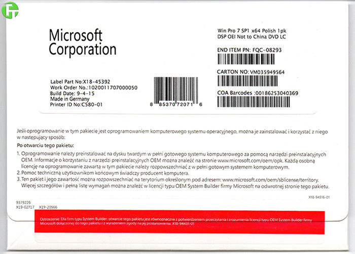 Genuine OEM Key Microsoft Windows 7 Softwares 32 bit / 64 bit Polish Version