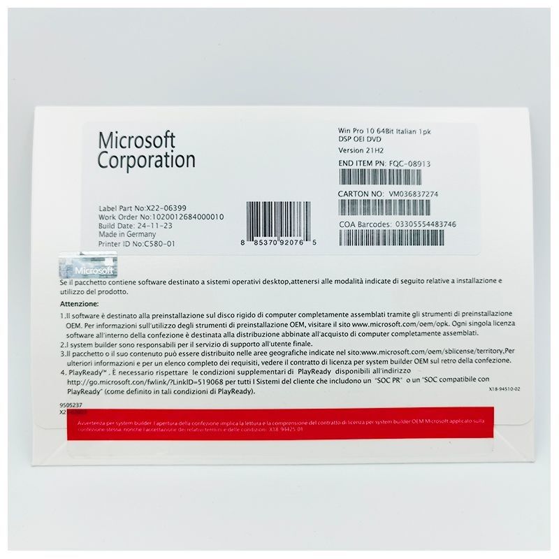 Microsoft  Windows 10 OEM 64bit Italian DVD Version