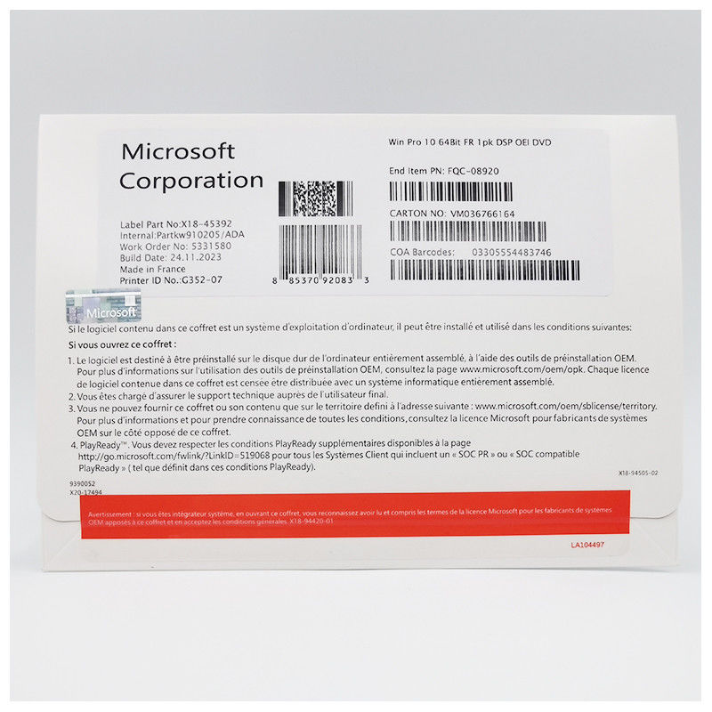 Genuine Win 10 Pro OEM Software - 64Bit DVD With English/French/Spanish Activation Key